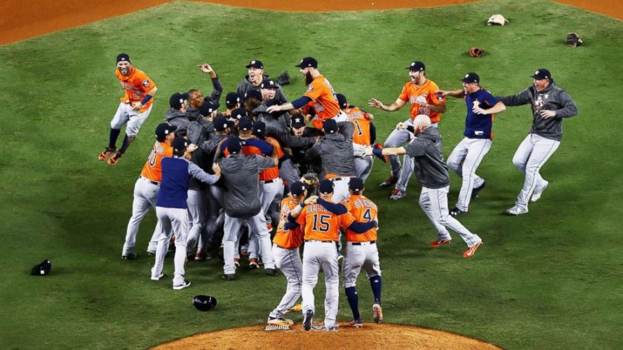 The Astros celebrating after winning Game 7 of the World Series. 