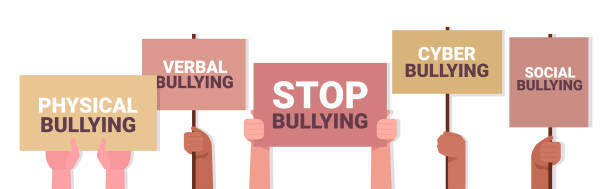 mix race activists hands holding stop bullying banners social anxiety psychotherapy concept horizontal vector illustration