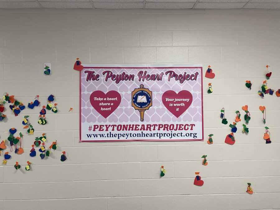 Peyton Heart Project poster, and wall of hearts. 
