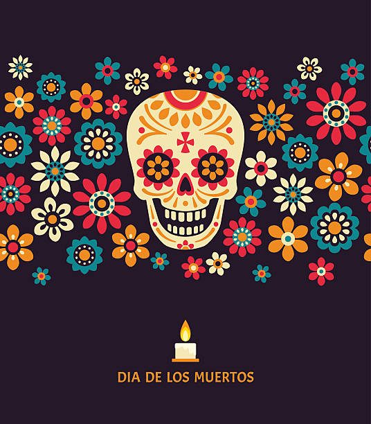 Day of The Dead vector poster with smiling sugar festive skull, surrounded by colorful flowers, isolated on dark background.