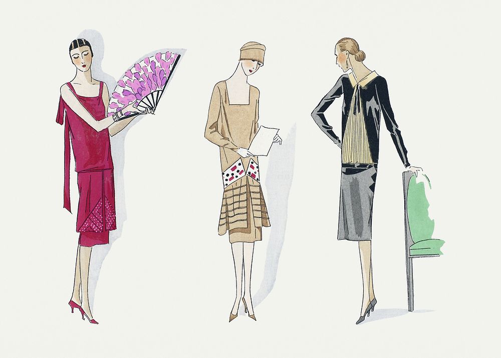Three dresses (1926) fashion illustration in high resolution by Bernard, Anna and Martial et Armand. Original from the Rijksmuseum. Digitally enhanced by rawpixel.